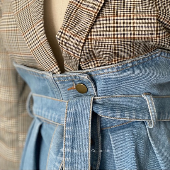 Denim Peplum Mix Media Plaid Long Sleeve Blazer - Picture 6 of 7